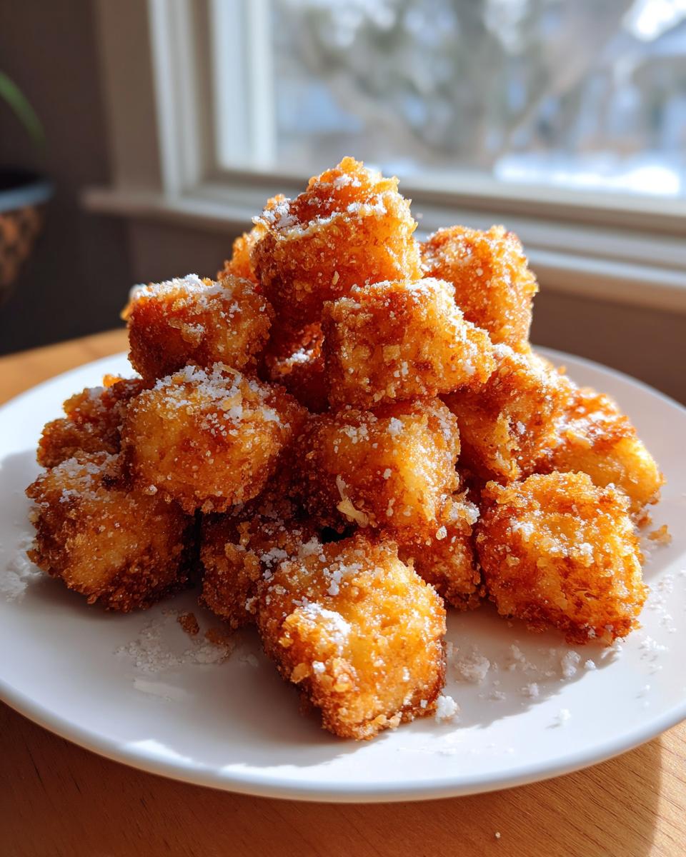A pile of golden brown, crispy air fryer tofu cubes dusted with white powder, served on a white plate.