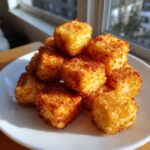 A pile of golden brown, crispy air fryer tofu cubes stacked high on a white plate near a window.