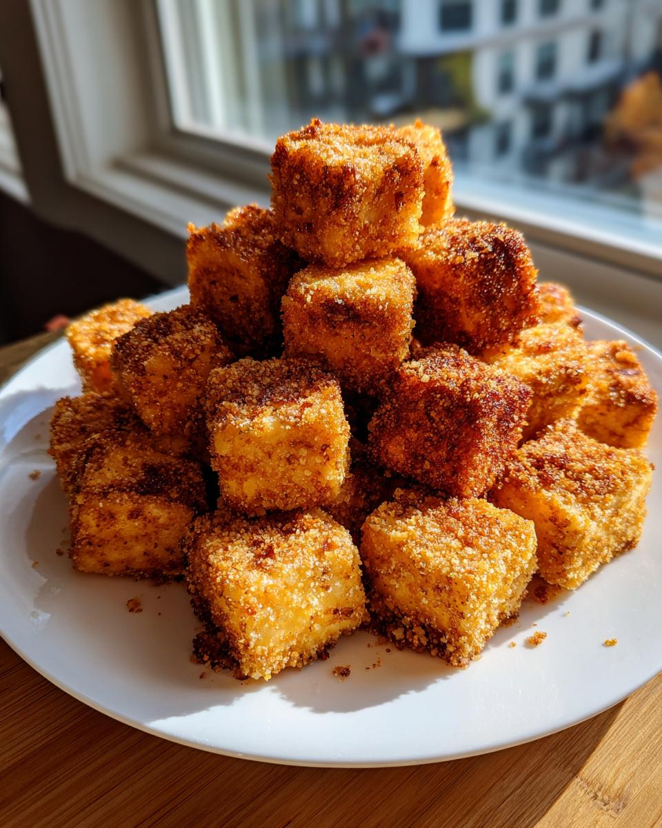 A pile of golden brown, crispy air fryer tofu cubes stacked high on a white plate near a window.