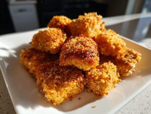 A pile of golden brown, crispy air fryer tofu nuggets served on a white rectangular plate, catching bright sunlight.