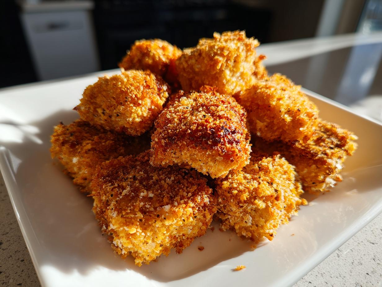 A pile of golden brown, crispy air fryer tofu nuggets served on a white rectangular plate, catching bright sunlight.