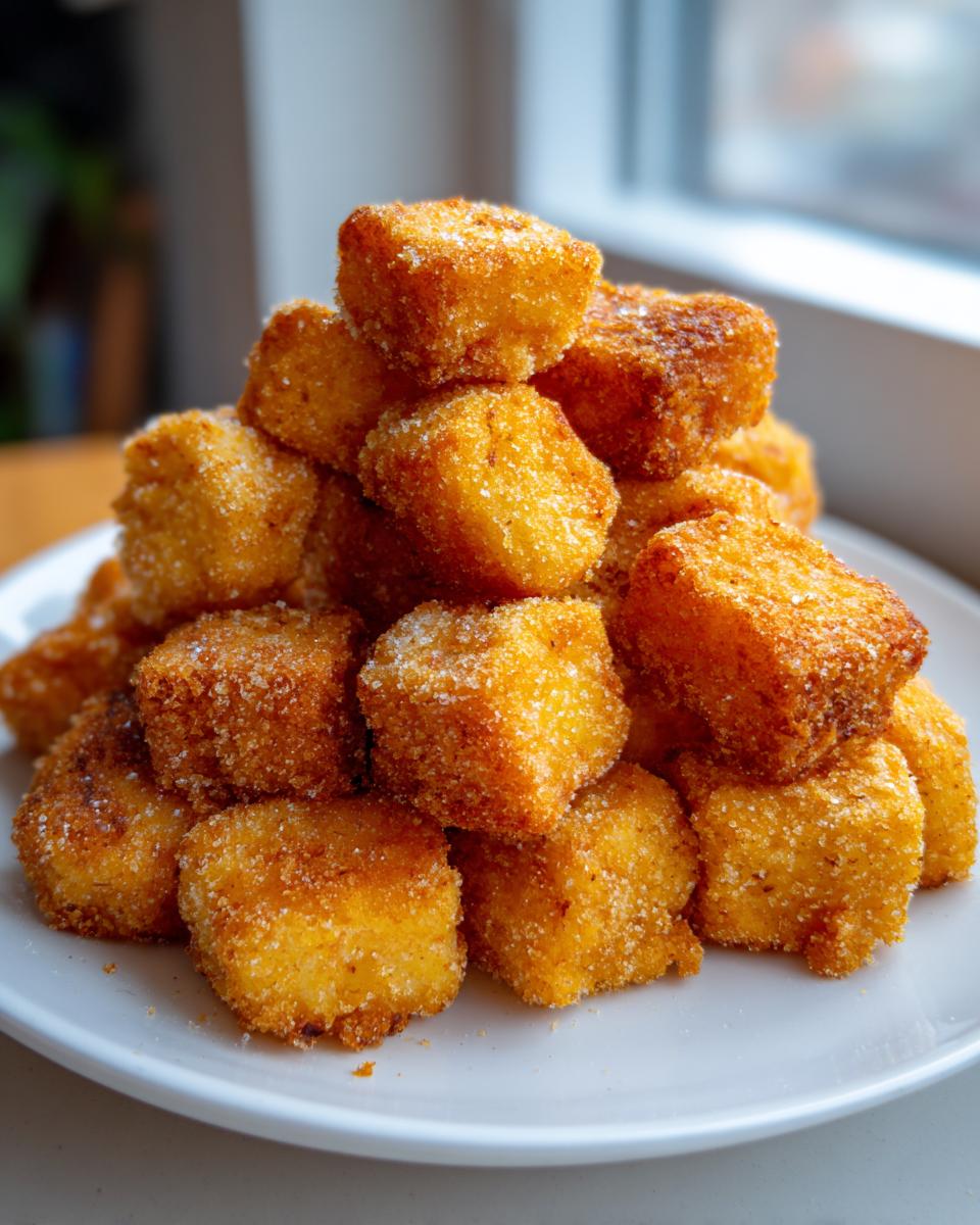 A pile of golden brown, crispy air fryer tofu cubes dusted with seasoning on a white plate.