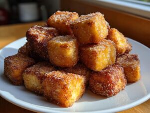 A pile of golden brown, crispy air fryer tofu cubes heavily coated in cinnamon sugar on a white plate.