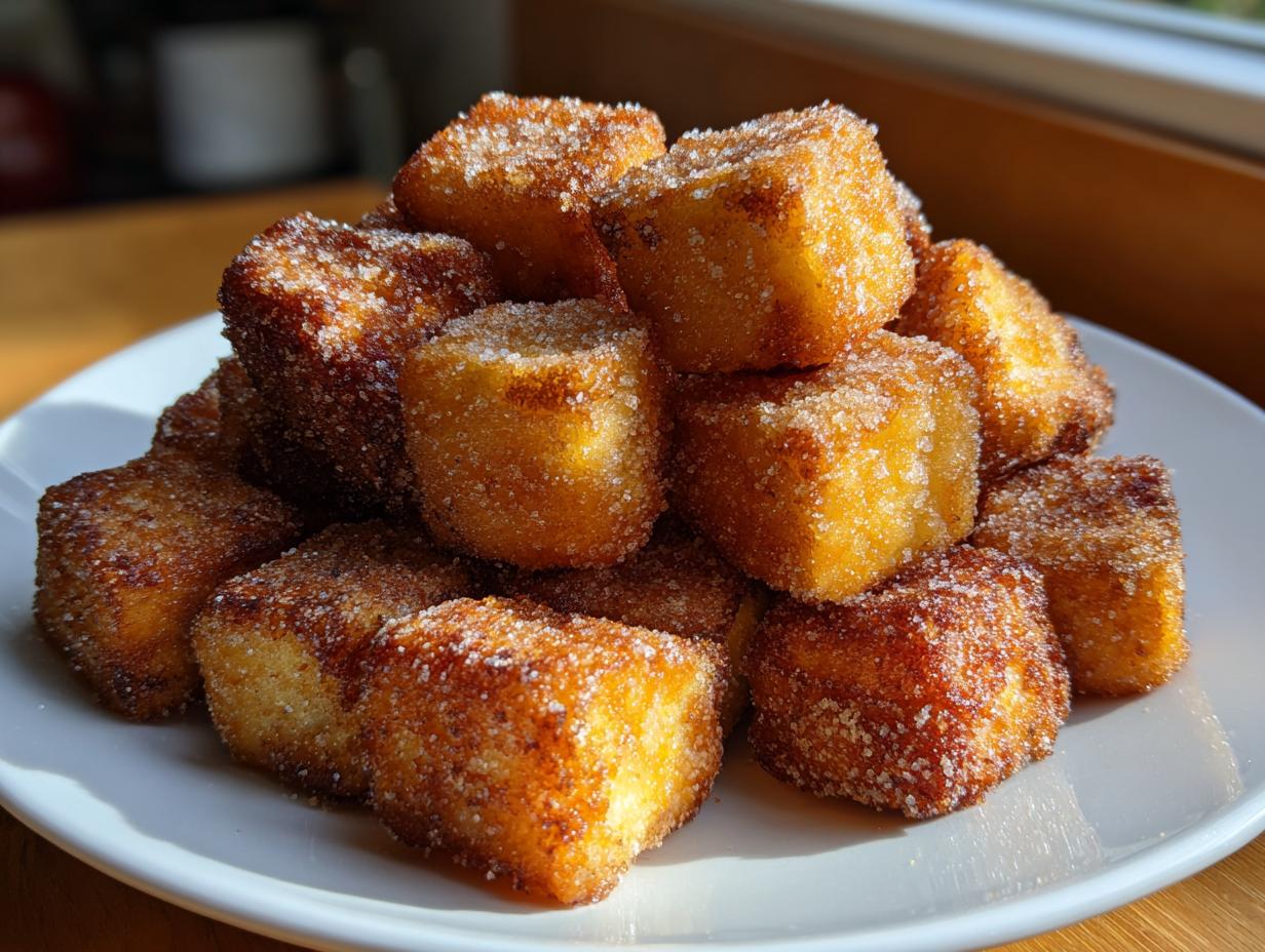 A pile of golden brown, crispy air fryer tofu cubes heavily coated in cinnamon sugar on a white plate.