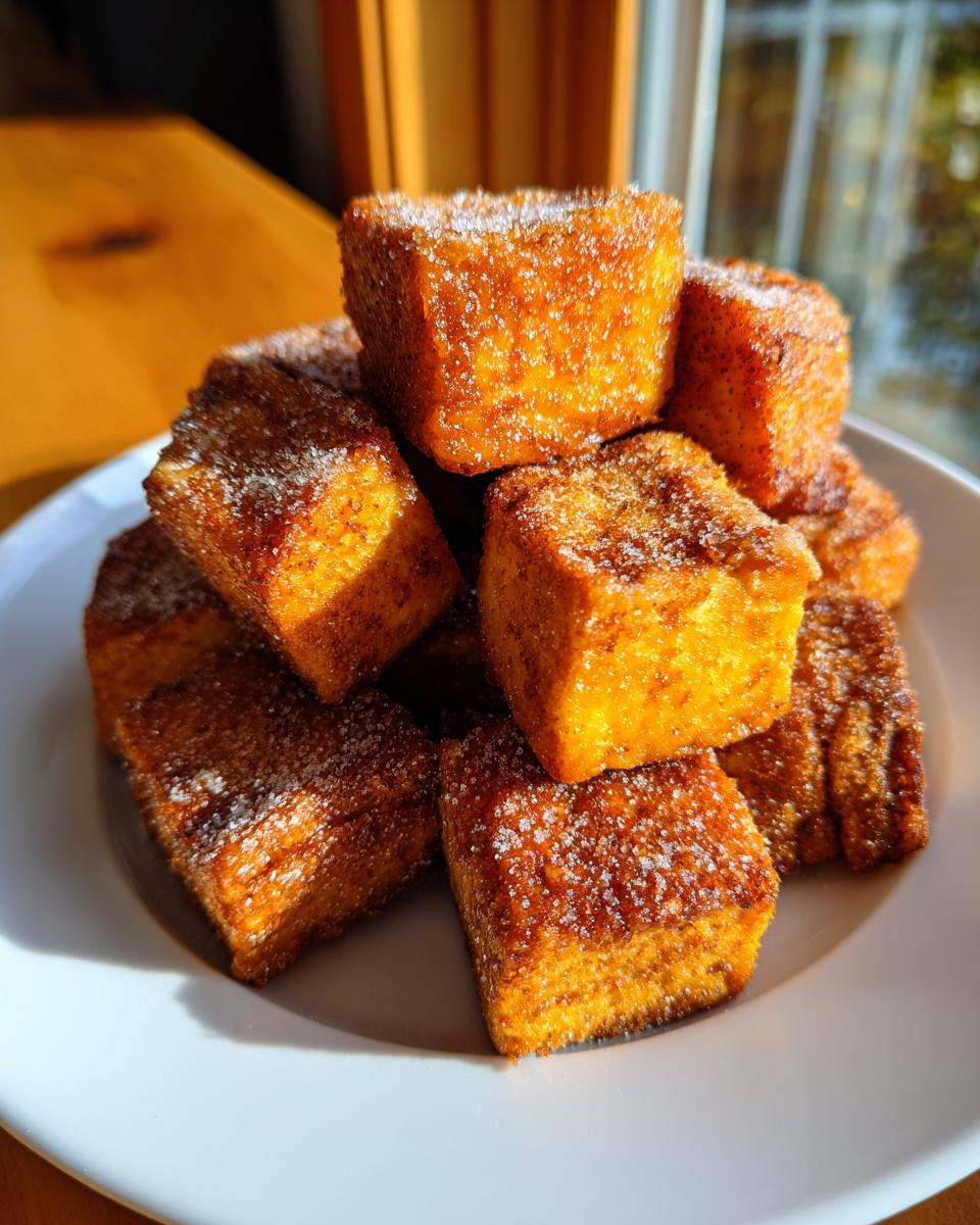 Close-up of crispy, golden-brown air fryer tofu cubes piled on a white plate and dusted with sugar.