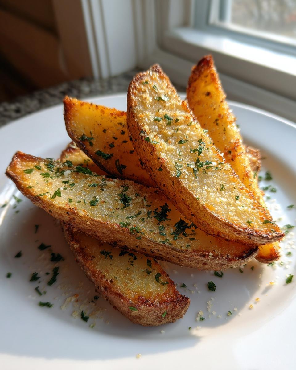 Close-up of crispy, golden garlic parmesan potato wedges dusted with grated cheese and fresh parsley.
