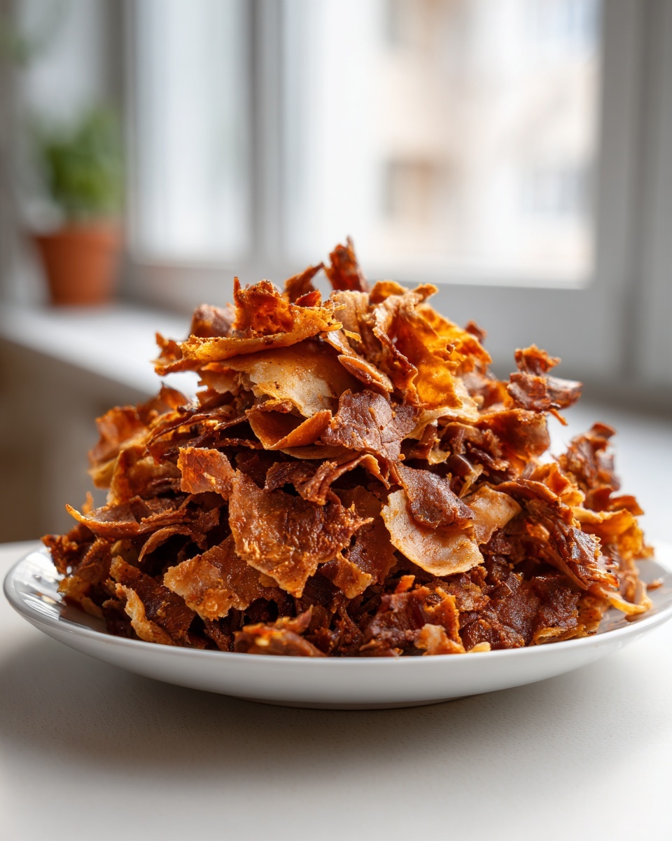 A mound of crispy, browned meat shavings, resembling homemade doner kebab, piled high on a white plate.