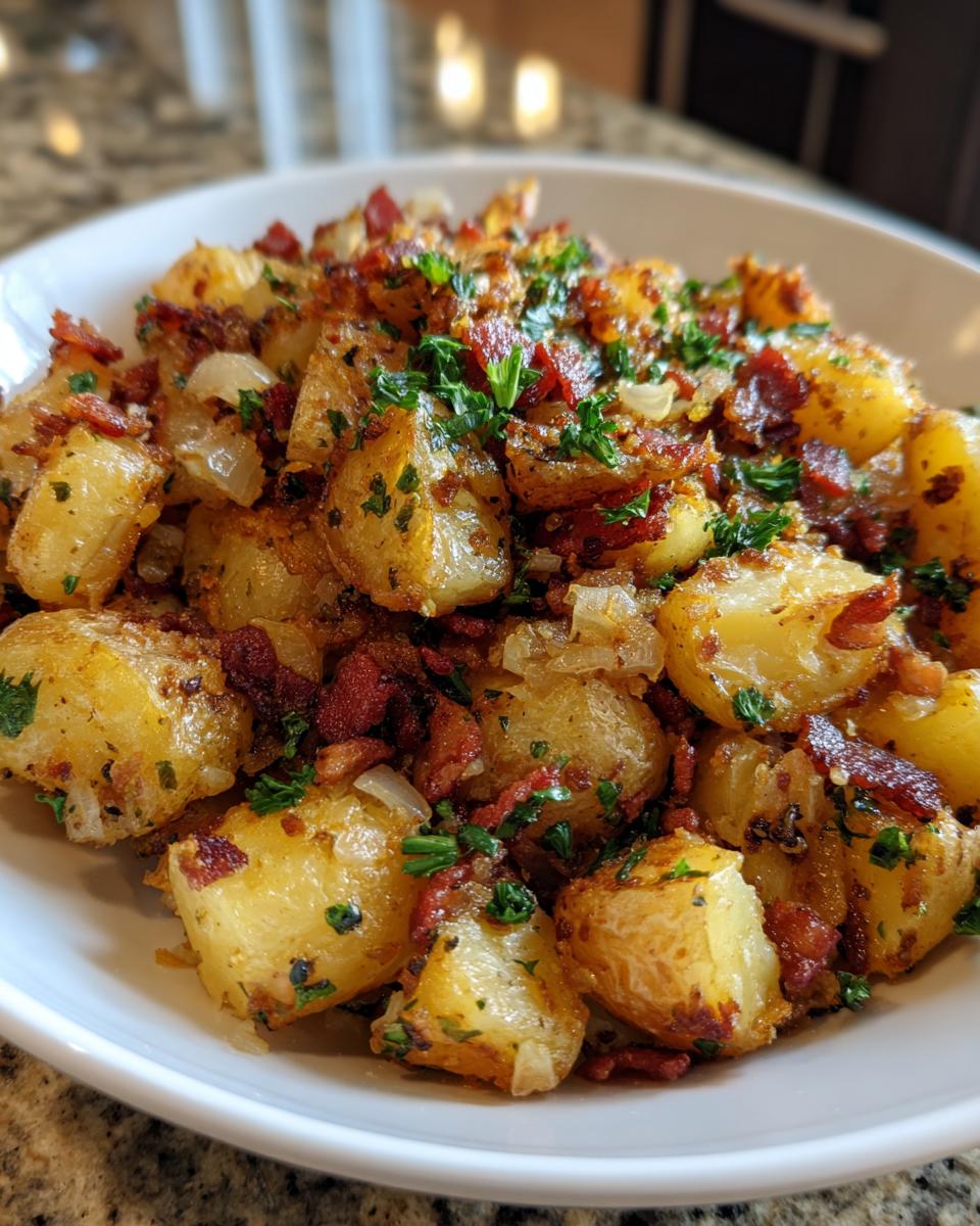 Close-up of a white bowl filled with crispy potato salad featuring golden potatoes, bacon bits, onions, and fresh parsley.