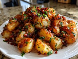 A mound of golden brown, crispy potato salad pieces tossed with bacon bits and fresh parsley.