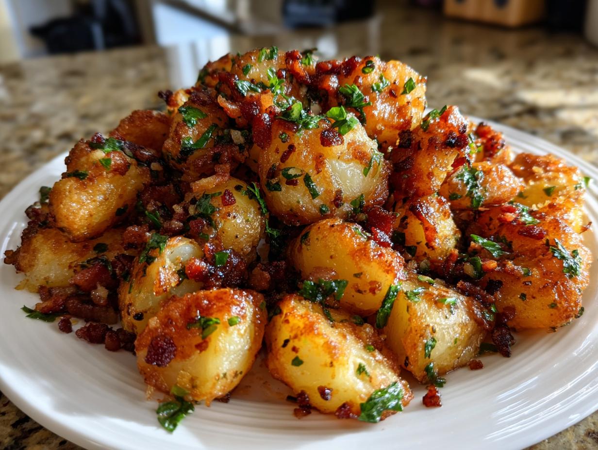 A mound of golden brown, crispy potato salad pieces tossed with bacon bits and fresh parsley.