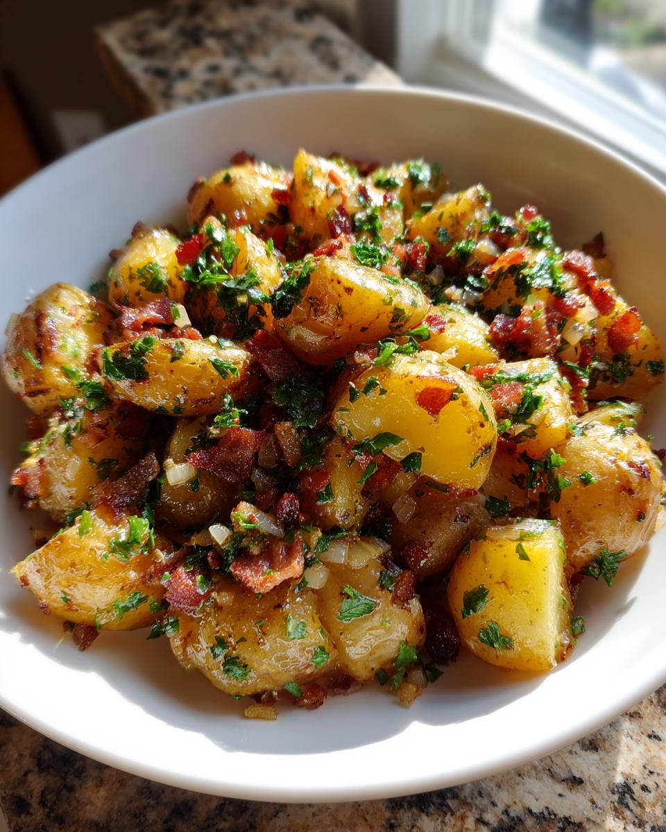Close-up of warm, golden potatoes tossed with bacon bits and fresh parsley, a perfect crispy potato salad.