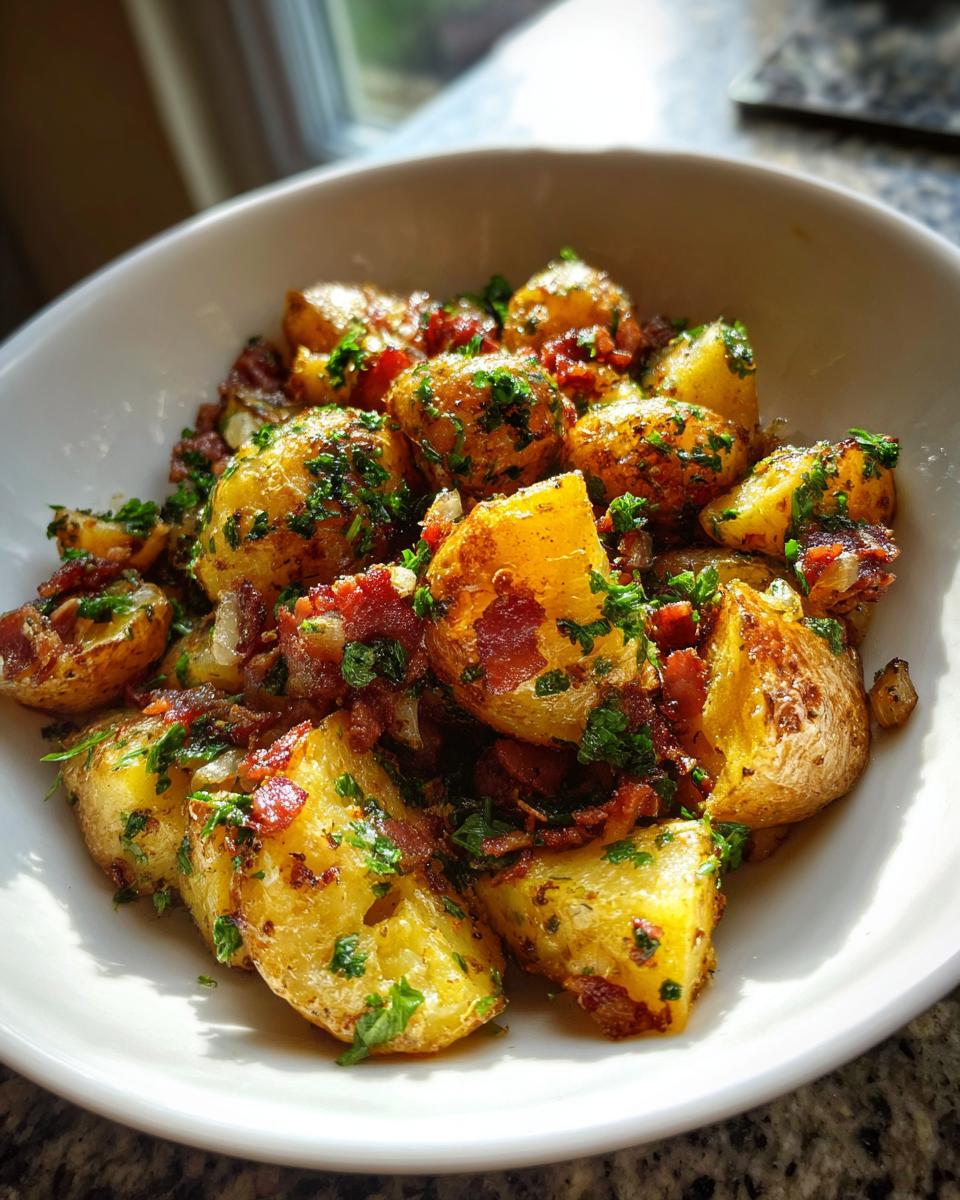 A bowl of warm, crispy potato salad featuring golden roasted potatoes, bacon bits, and fresh parsley.