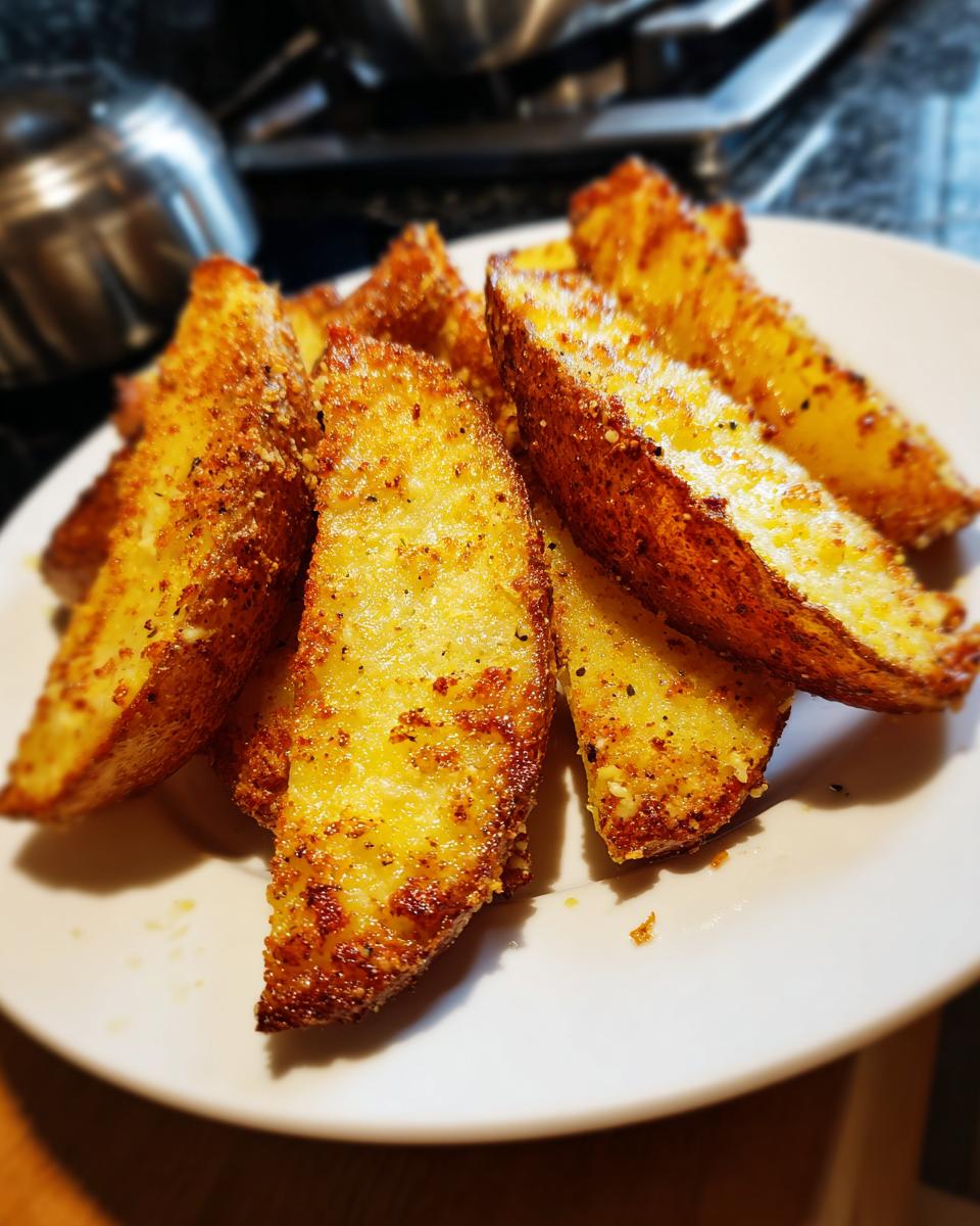 Close-up of golden brown, seasoned potato wedges piled on a white plate, showing a crunchy exterior.