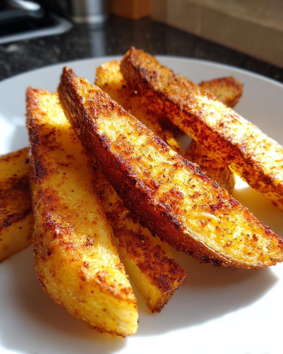 Close-up of several golden brown, heavily seasoned potato wedges showing a very crunchy exterior.