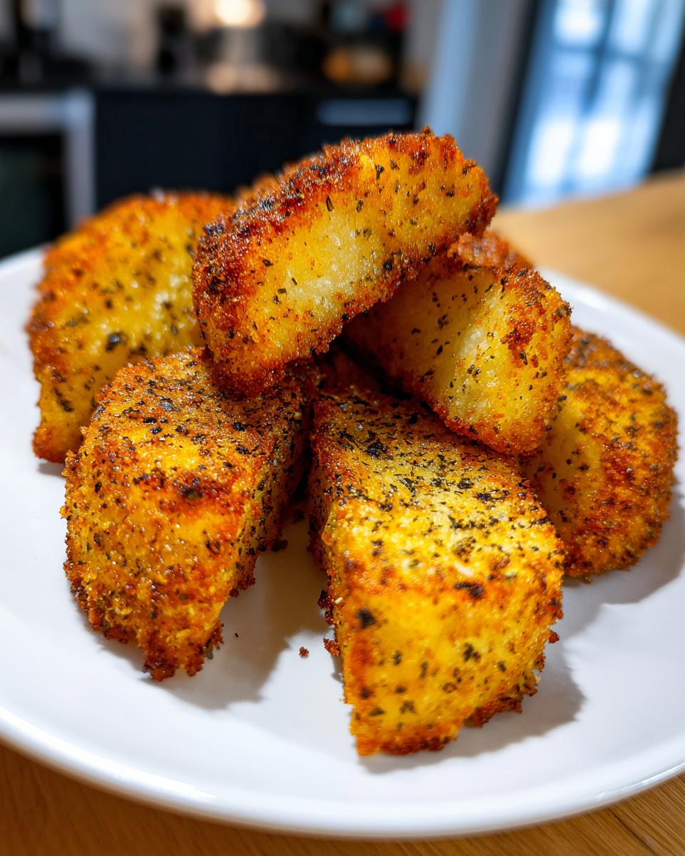 Close-up of golden, seasoned potato wedges stacked on a white plate, showing a very crunchy exterior.