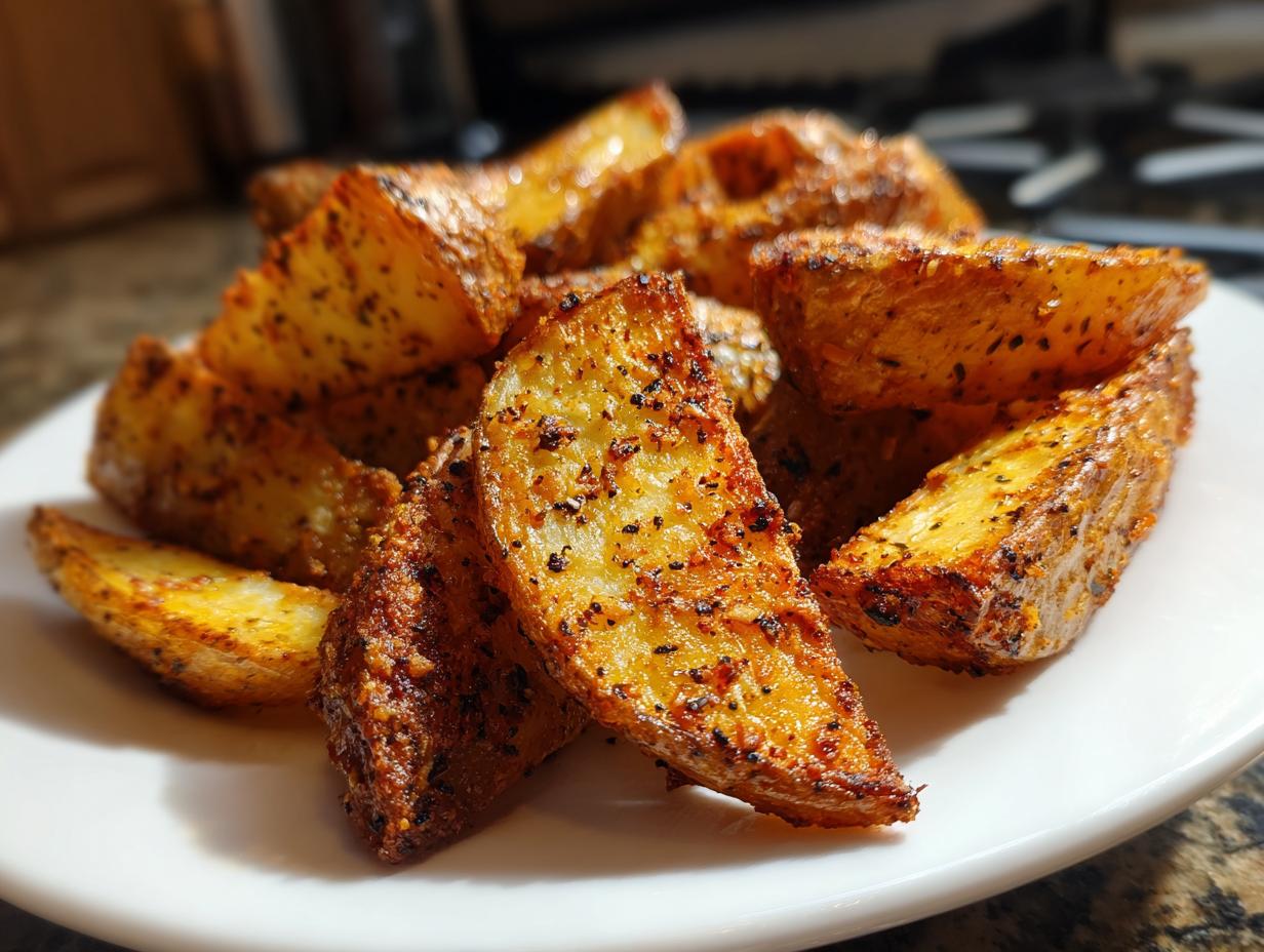 Close-up of golden brown, seasoned potato wedges piled high on a white plate, showing incredible crunch.