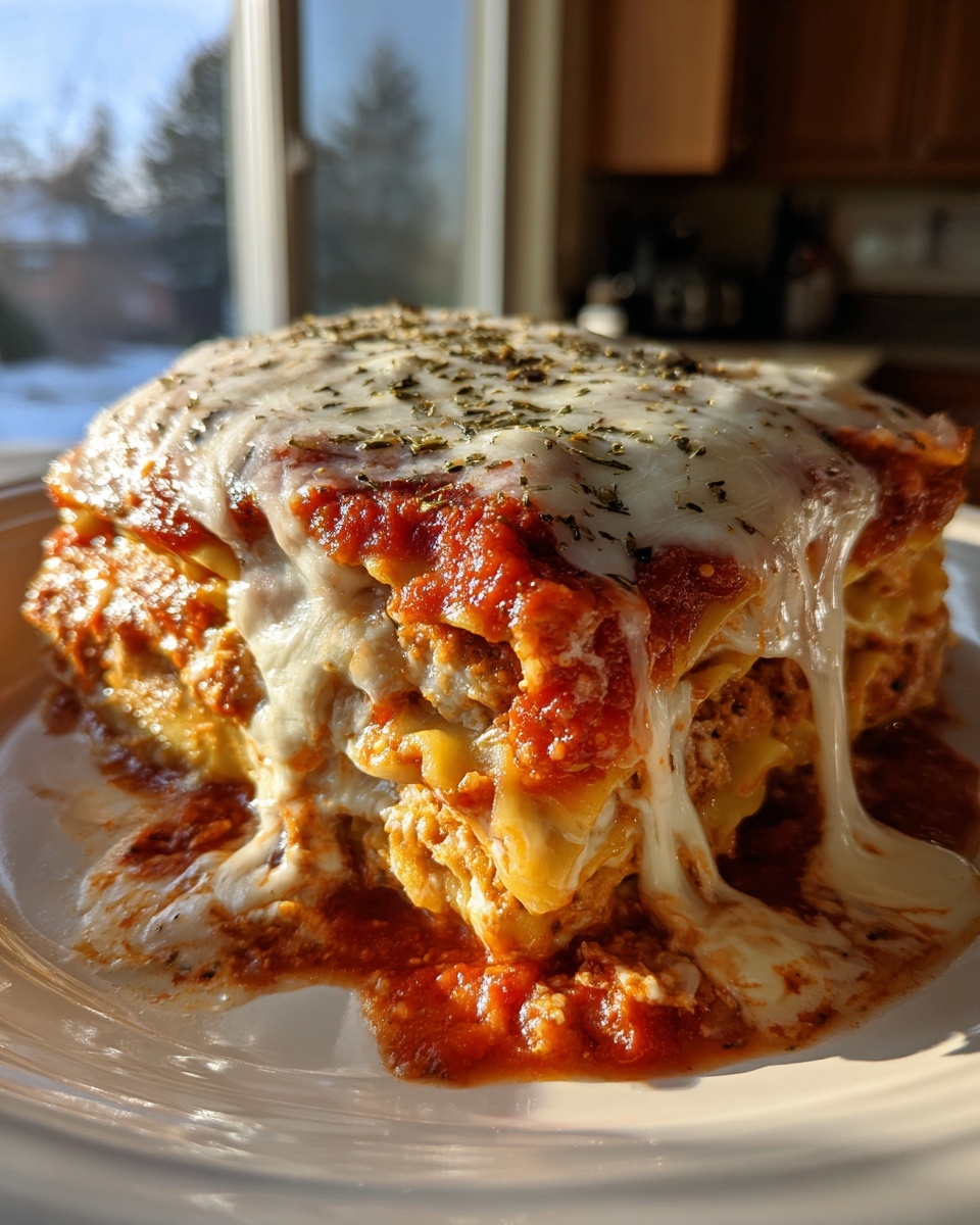 A tall, cheesy slice of crockpot ravioli lasagna with dripping mozzarella and herbs.