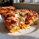 A close-up of a cheesy, saucy slice of crockpot ravioli lasagna with melted mozzarella.
