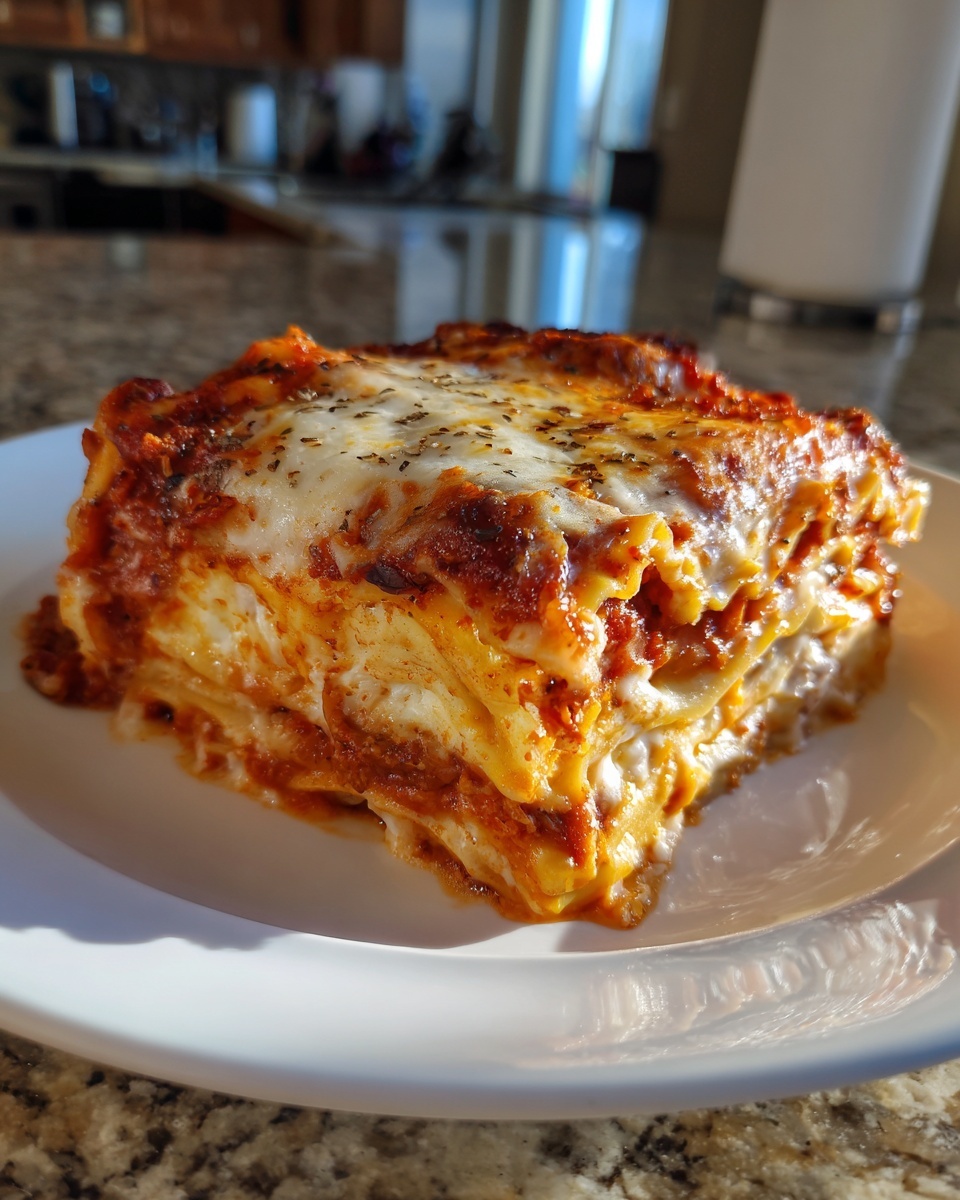 A generous slice of crockpot ravioli lasagna with ricotta cheese, layered with sauce and melted mozzarella on top.