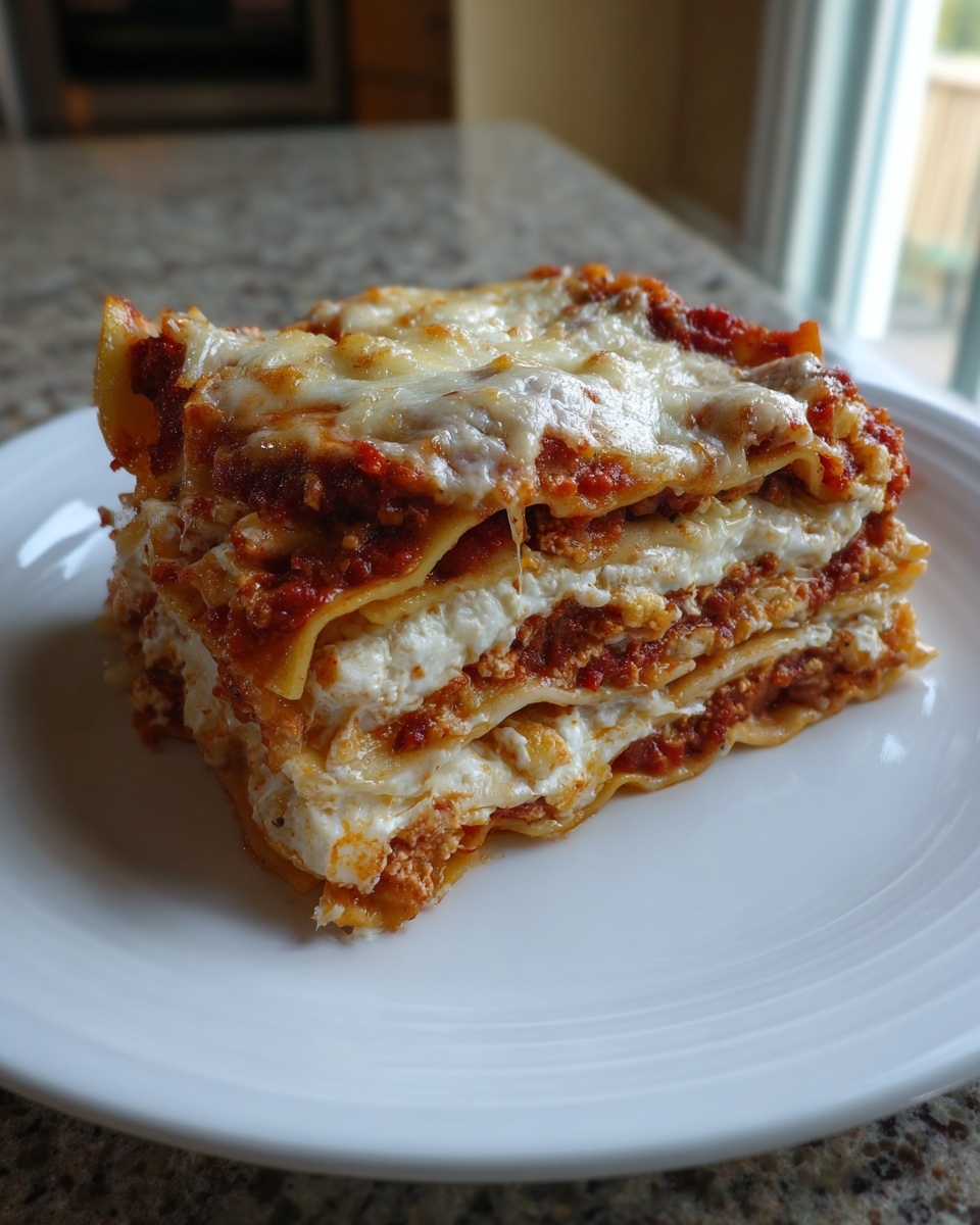 A thick, layered slice of crockpot ravioli lasagna with ricotta cheese, topped with melted mozzarella.