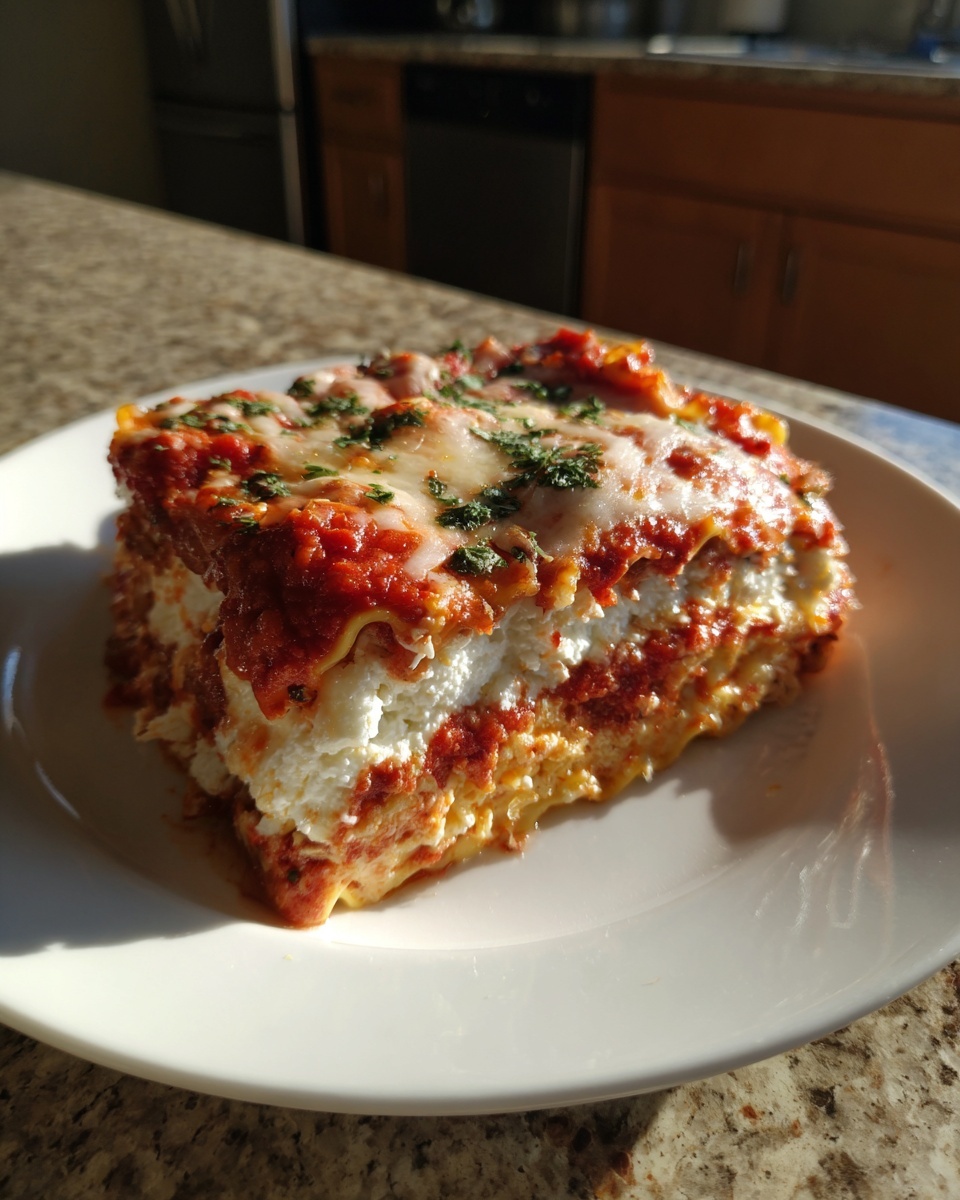 A generous slice of crockpot ravioli lasagna with ricotta cheese, topped with melted mozzarella and parsley.