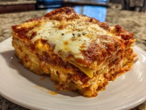 A thick, cheesy slice of crockpot ravioli lasagna with ricotta cheese, topped with melted mozzarella and herbs.