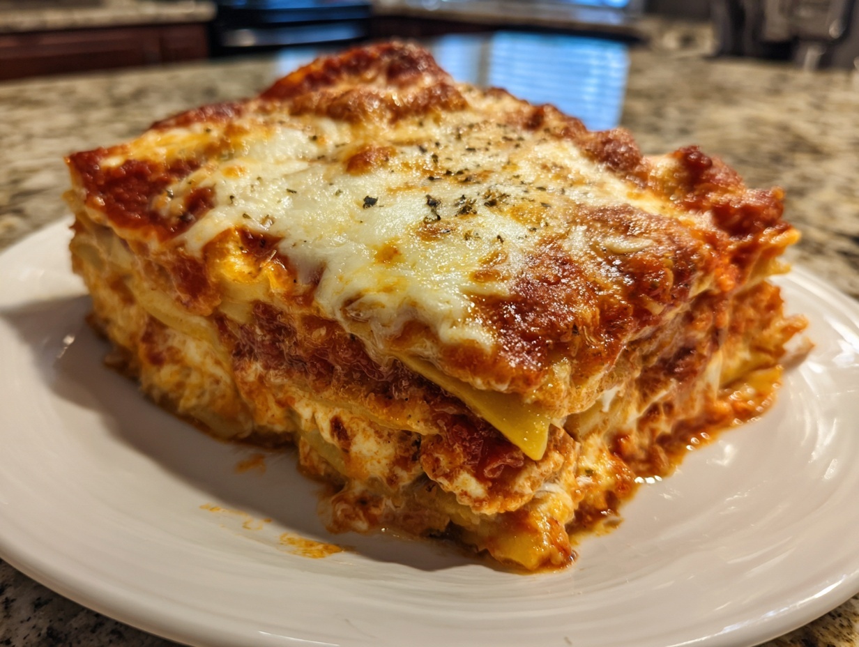 A thick, cheesy slice of crockpot ravioli lasagna with ricotta cheese, topped with melted mozzarella and herbs.