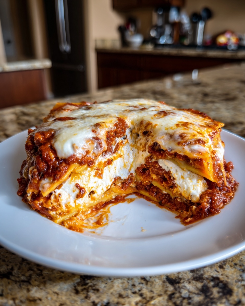A serving of crockpot ravioli lasagna showing layers of pasta, sauce, ricotta, and melted mozzarella cheese.
