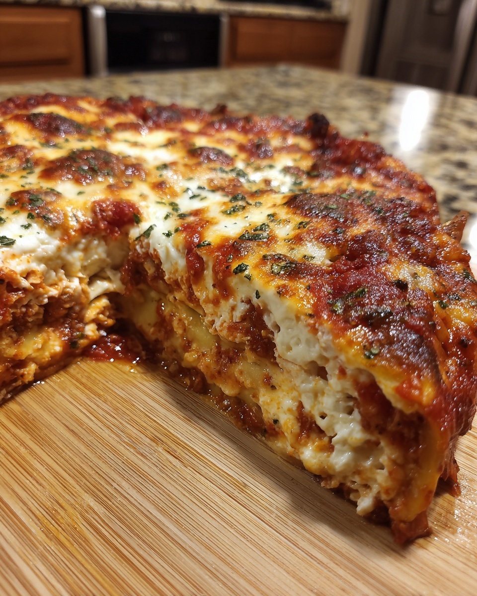 Close-up of a thick slice of crockpot ravioli lasagna showing layers of cheese, sauce, and ravioli, topped with melted cheese and herbs.
