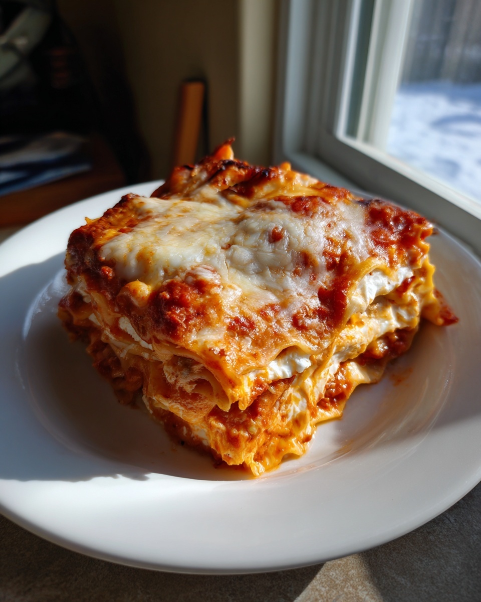 A thick slice of bubbling crockpot ravioli lasagna with melted cheese topping on a white plate.