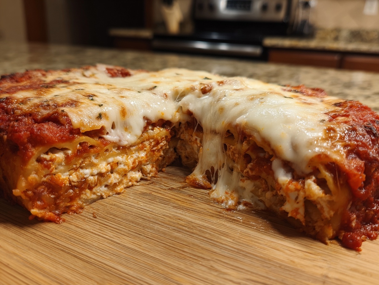 A cross-section of cheesy crockpot ravioli lasagna showing layers of pasta, ricotta, and sauce, with melted mozzarella stretching.