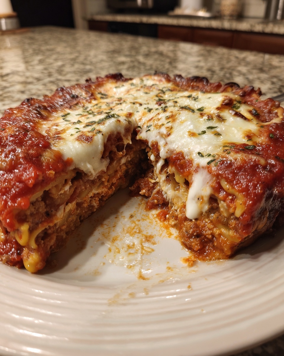 A slice removed from a round crockpot ravioli lasagna, showing layers of meat sauce and melted mozzarella cheese topping.