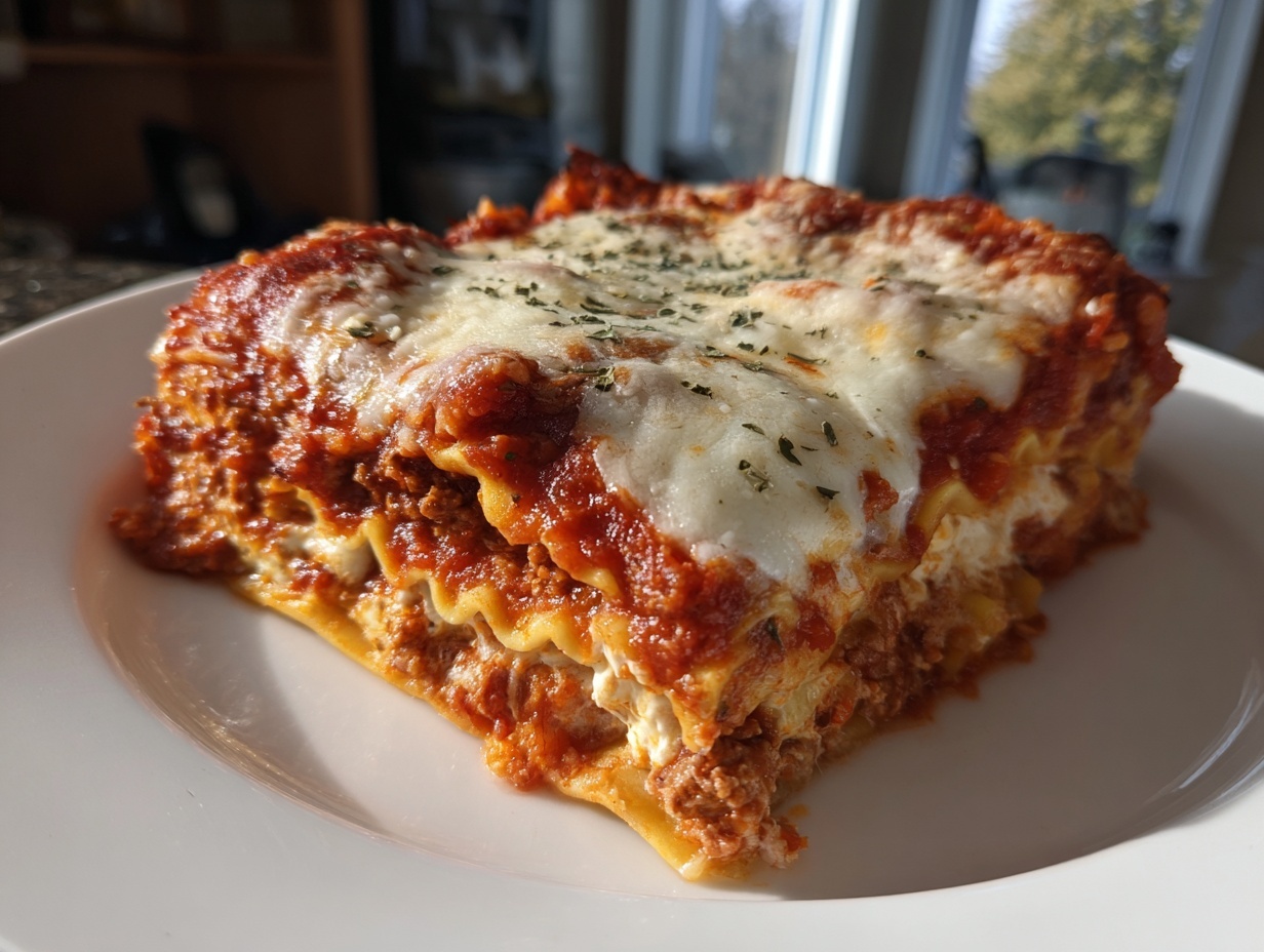 A generous slice of cheesy crockpot ravioli lasagna crock pot served on a white plate.