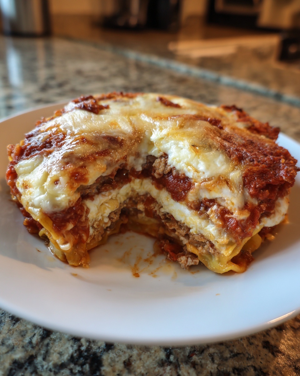A thick slice of crockpot ravioli lasagna showing layers of pasta, meat sauce, and creamy cheese filling.