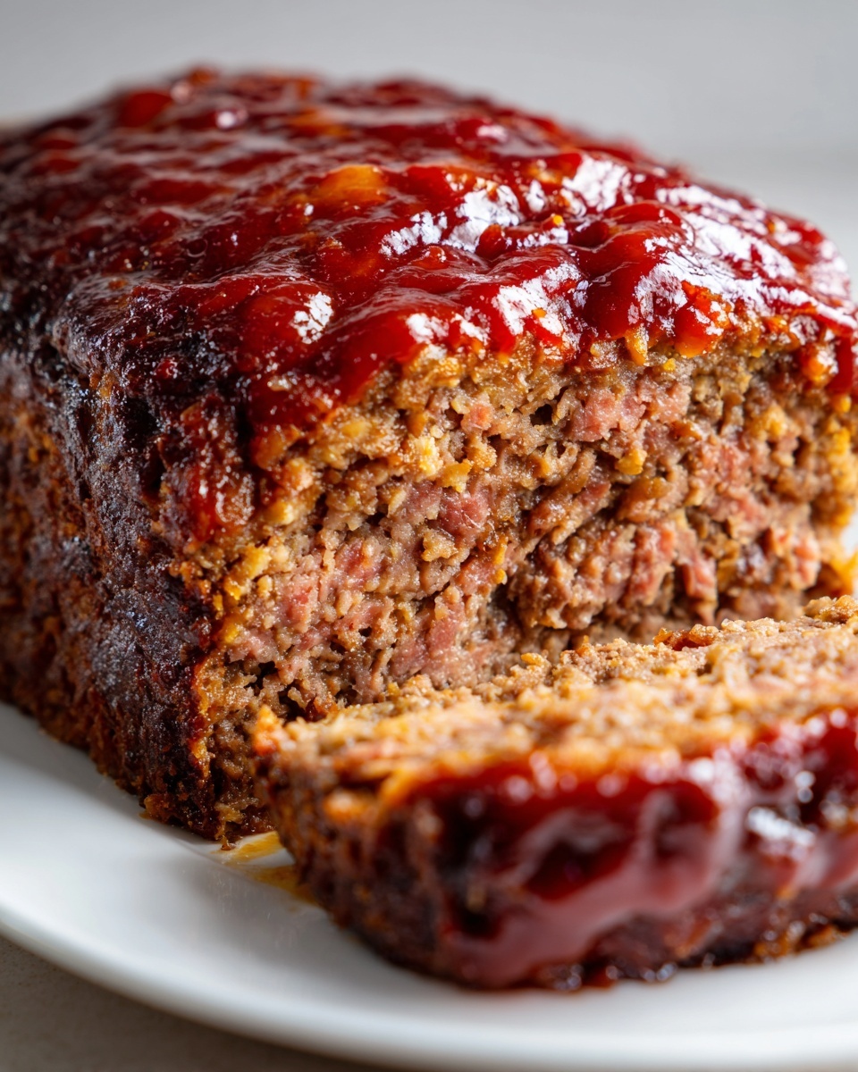 Close-up of a moist crockpot stove top stuffing meatloaf, sliced and topped with a thick, shiny red glaze.