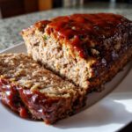 Close-up of a sliced crockpot stove top stuffing meatloaf covered in a thick, shiny ketchup glaze.