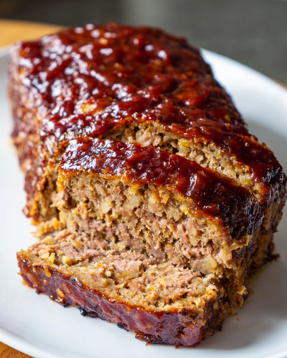 A close-up of a sliced crockpot stove top stuffing meatloaf topped with a shiny, dark red glaze.