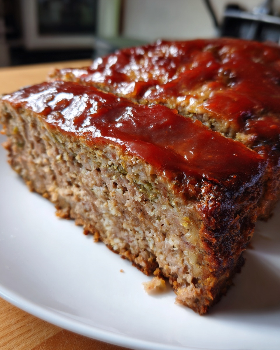 Close-up of a thick slice of crockpot stove top stuffing meatloaf topped with a shiny red glaze.