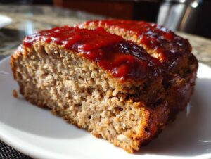 Close-up of a thick slice of crockpot stove top stuffing meatloaf topped with a shiny red glaze.