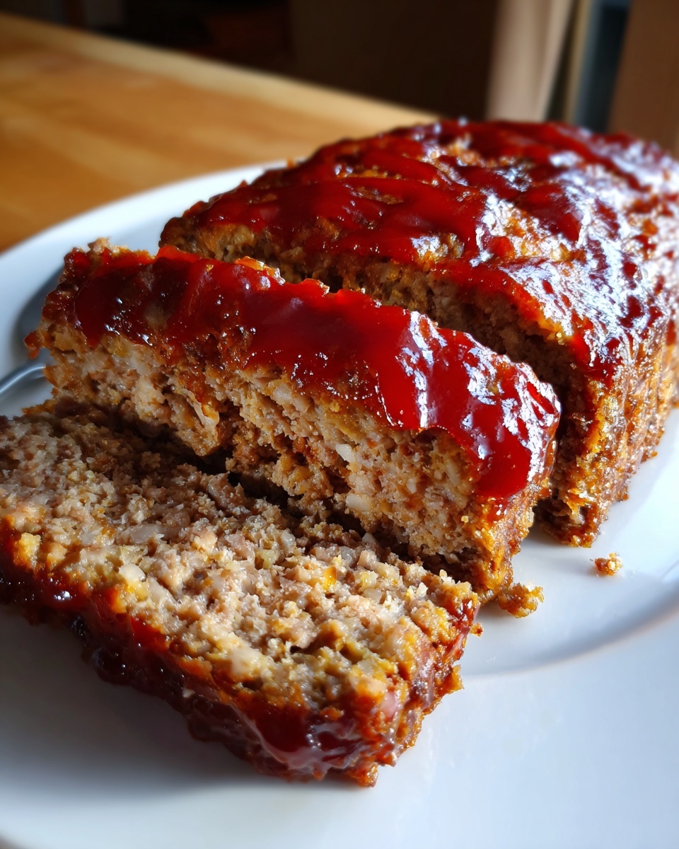 A close-up of sliced crockpot stove top stuffing meatloaf topped with a shiny, thick red glaze.