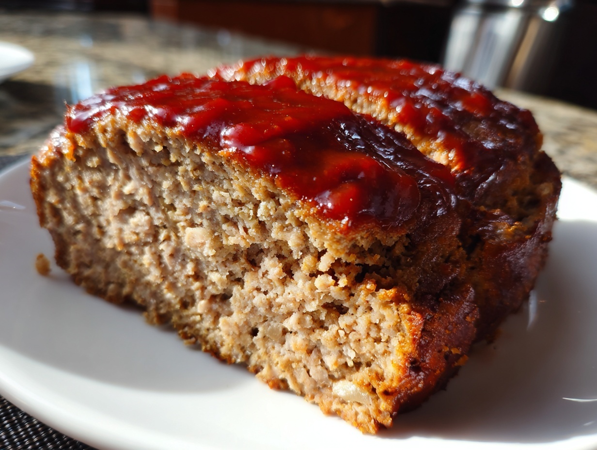 Close-up of a thick slice of crockpot stove top stuffing meatloaf topped with a shiny red glaze.