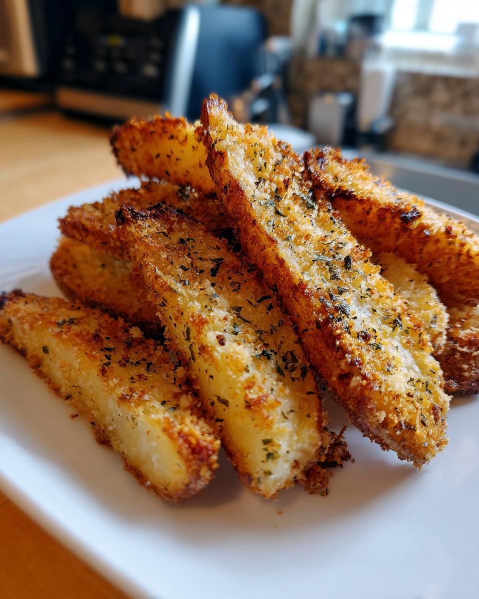 Close-up of golden brown, crispy potato wedges coated in breading and herbs, served on a white plate.