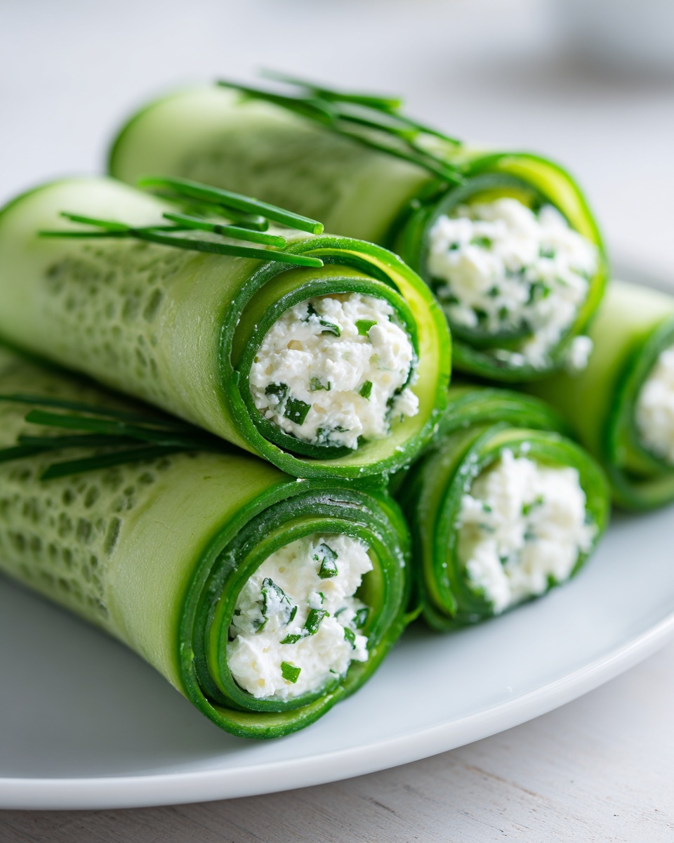 Close-up of several cucumber cottage cheese wraps rolls filled with creamy cottage cheese and herbs, tied with chives.
