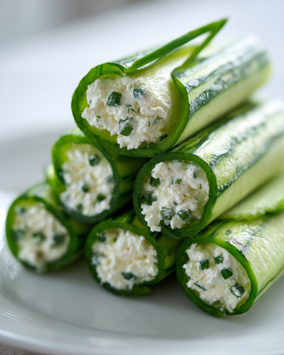 A stack of fresh cucumber cottage cheese wraps filled with creamy cottage cheese and chives, ready to serve.