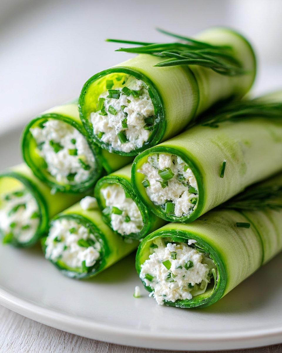 A stack of fresh cucumber cottage cheese wraps filled with creamy cottage cheese and green chives, ready to serve.