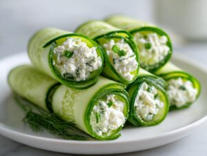 A stack of fresh cucumber cottage cheese wraps filled with creamy cottage cheese and herbs, served on a white plate.