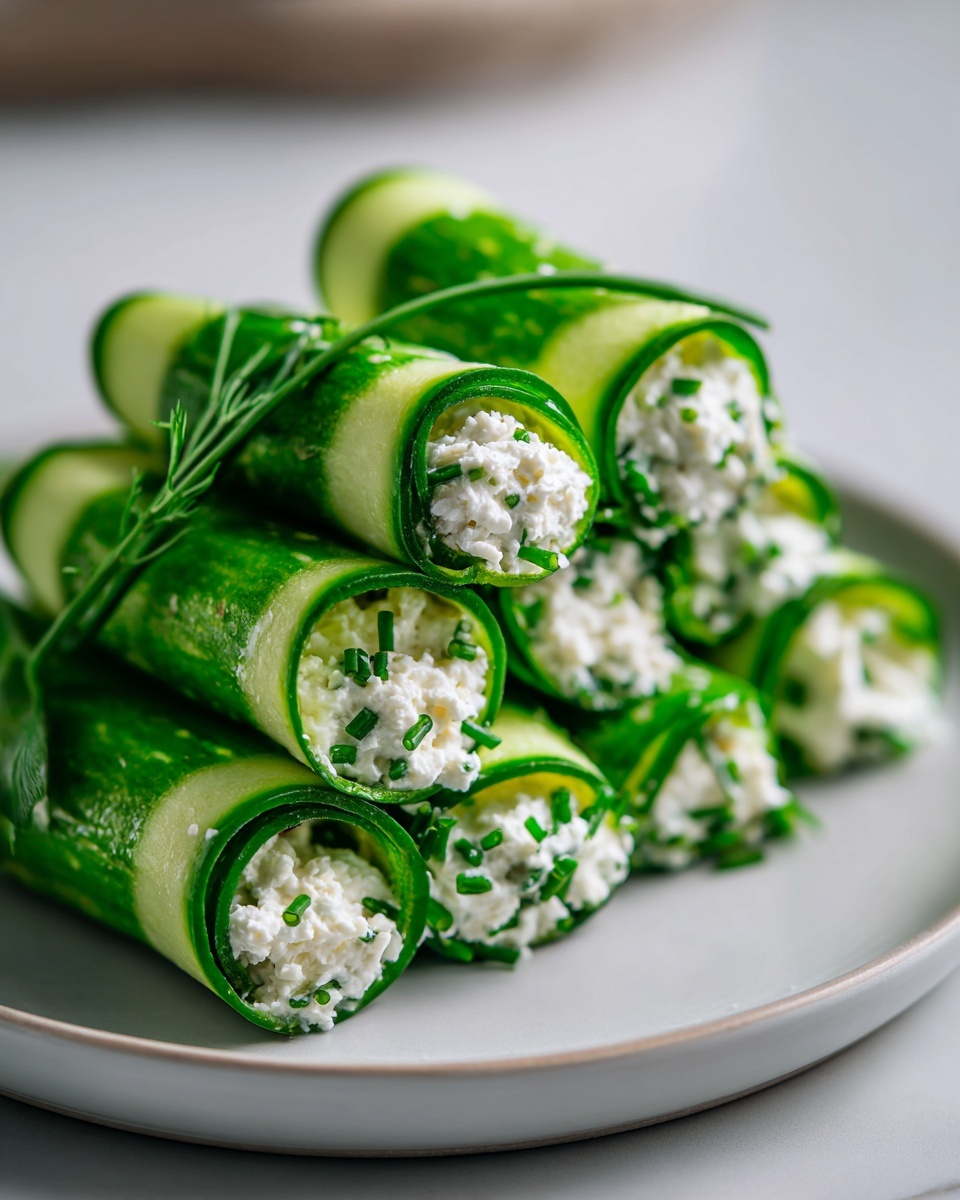 Close-up of stacked cucumber cottage cheese wraps filled with creamy cottage cheese and sprinkled with fresh chives.