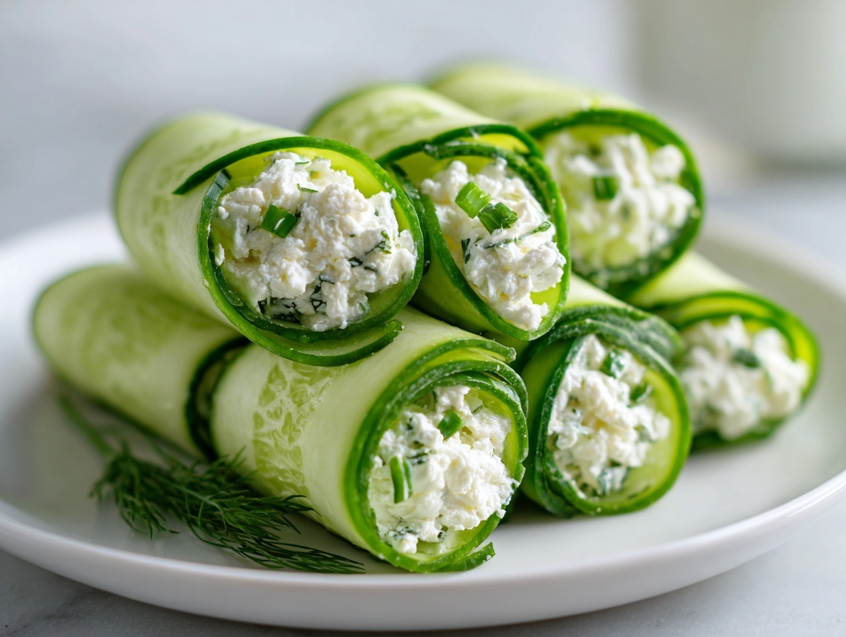 A stack of fresh cucumber cottage cheese wraps filled with creamy cottage cheese and herbs, served on a white plate.