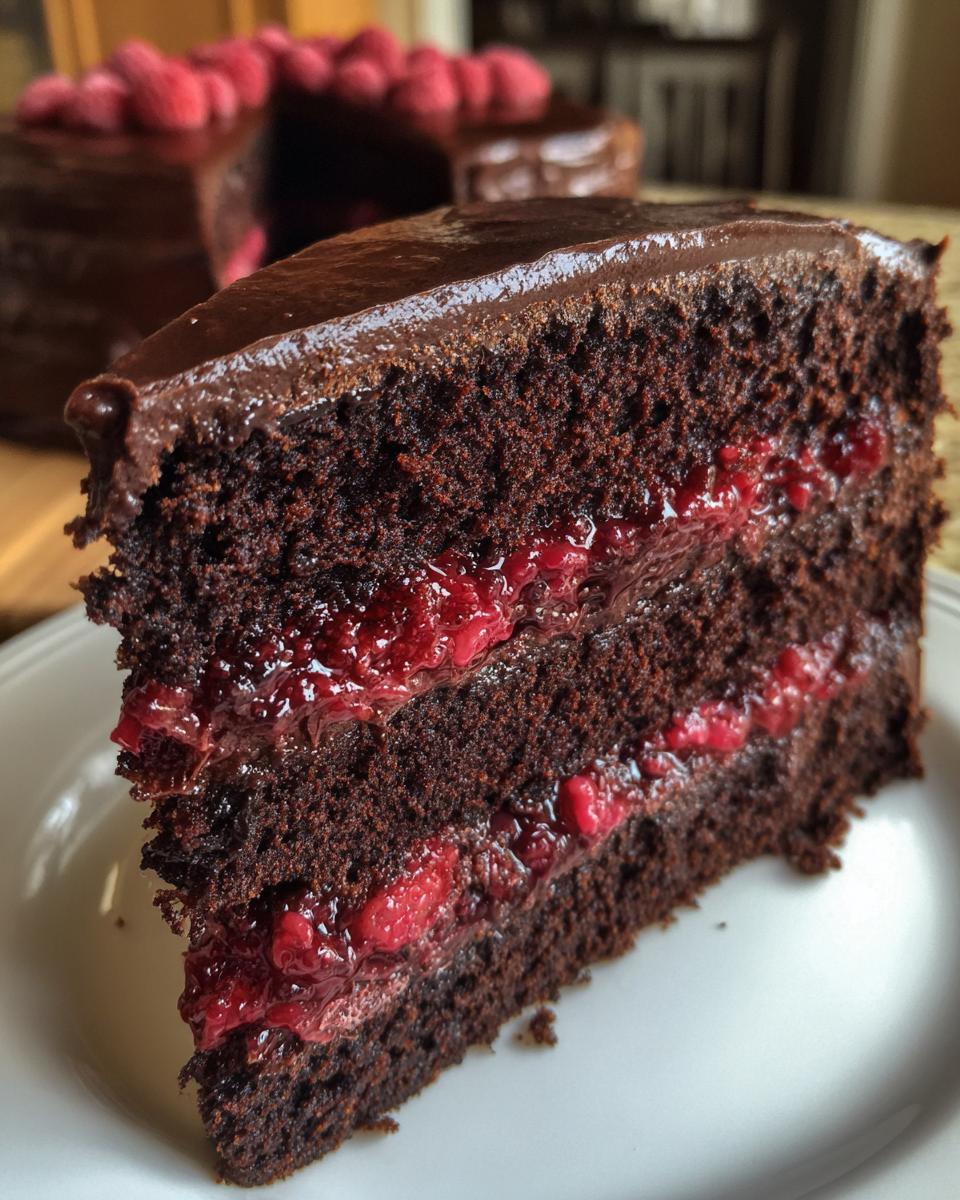 Close-up of a rich slice of dark chocolate raspberry cake layered with bright red raspberry filling.
