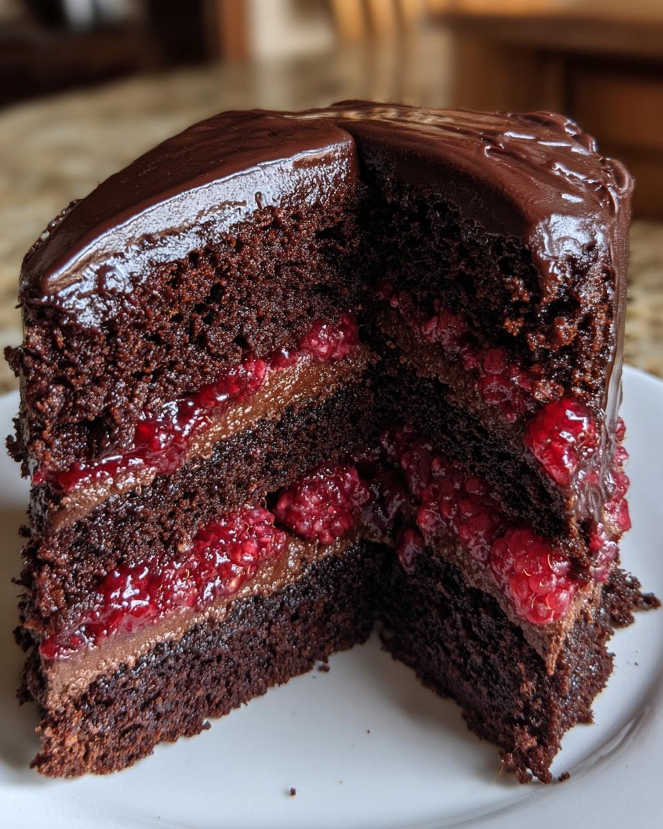 A close-up slice of dark chocolate raspberry cake showing rich layers, raspberry filling, and glossy chocolate ganache topping.